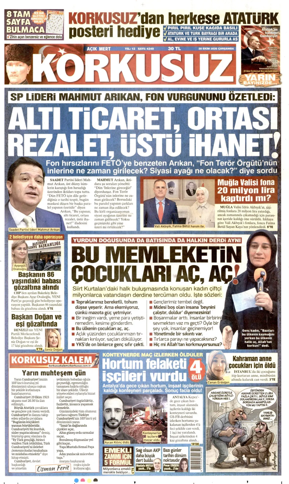 Korkusuz birinci sayfa manşeti (29 Ekim 2026)