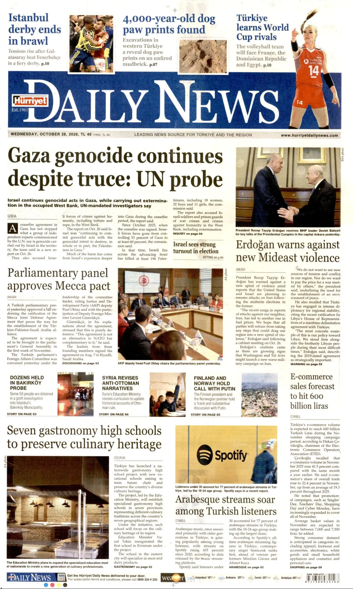 Hürriyet Daily News birinci sayfa manşeti (29 Ekim 2026)