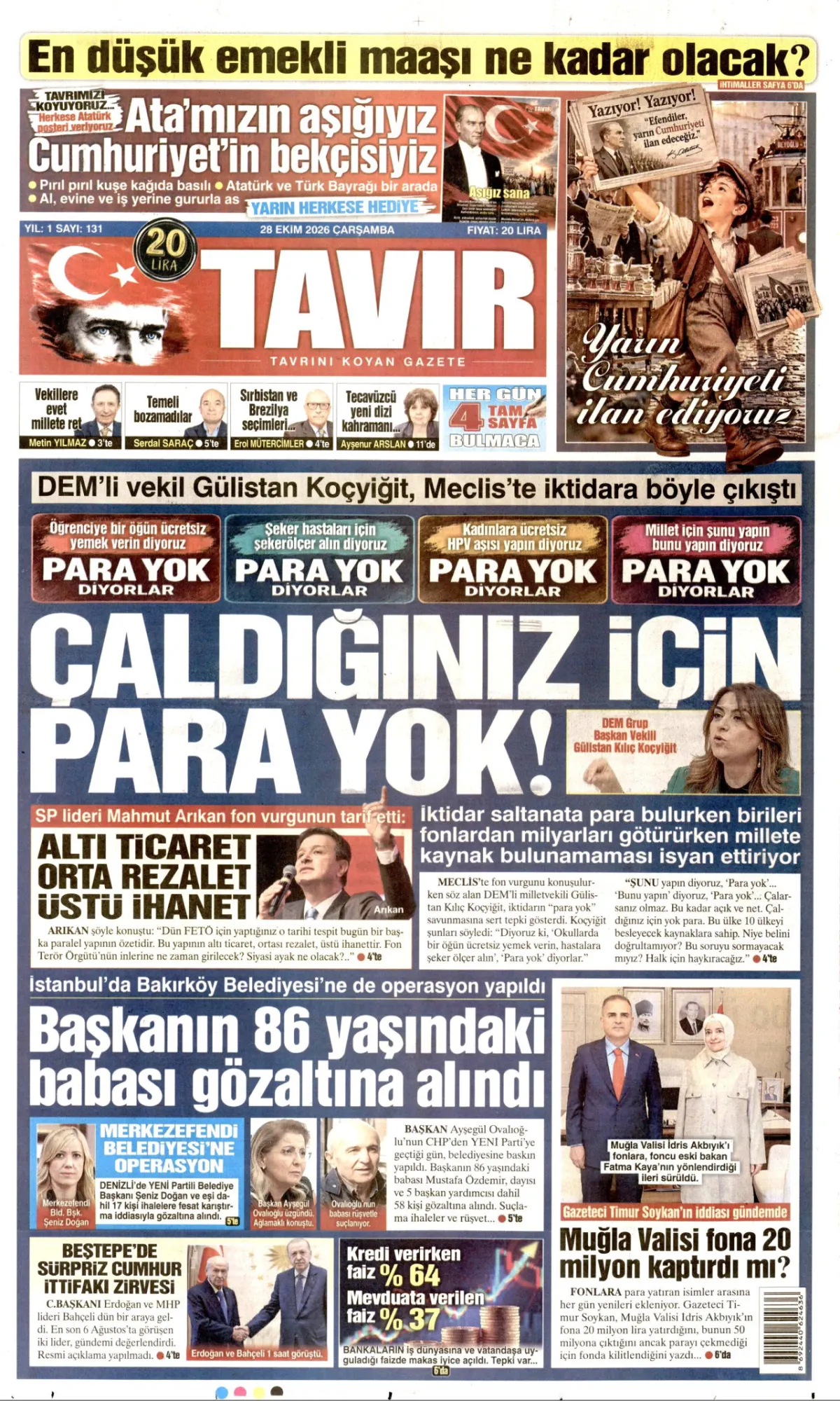 Tavır birinci sayfa manşeti (29 Ekim 2026)
