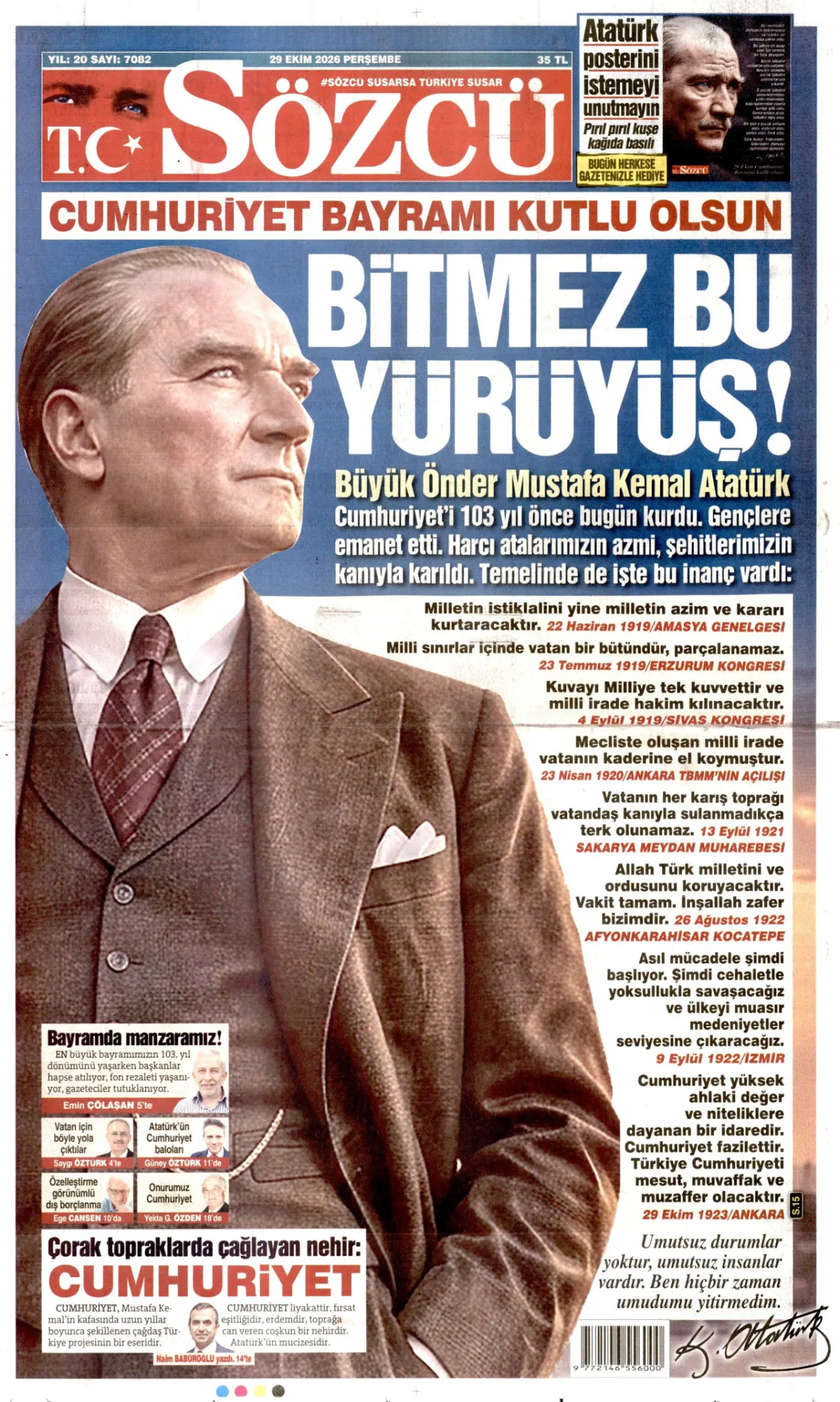 Sözcü birinci sayfa manşeti (30 Ekim 2026)