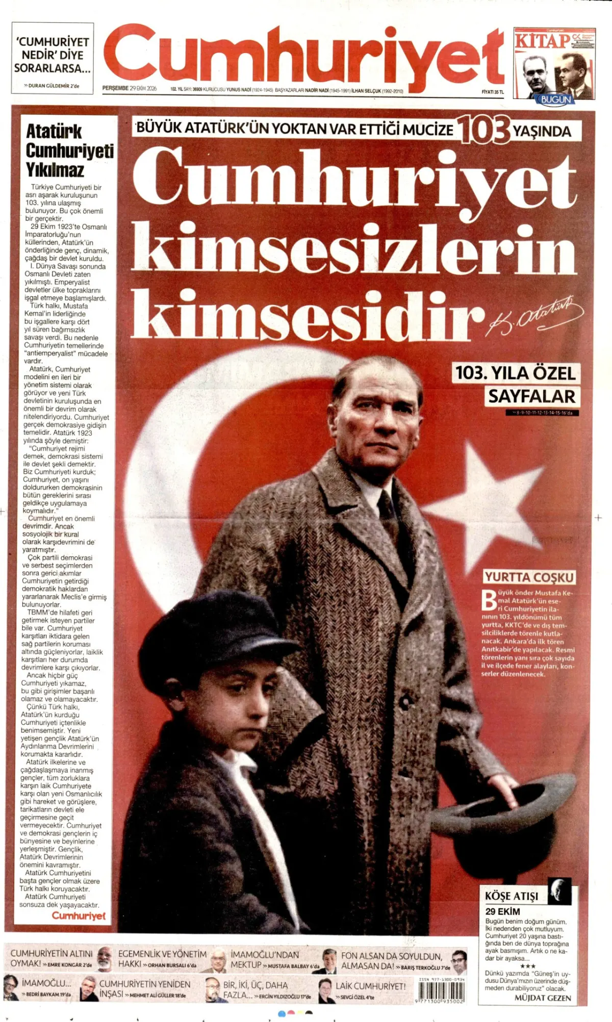 Cumhuriyet birinci sayfa manşeti (30 Ekim 2026)