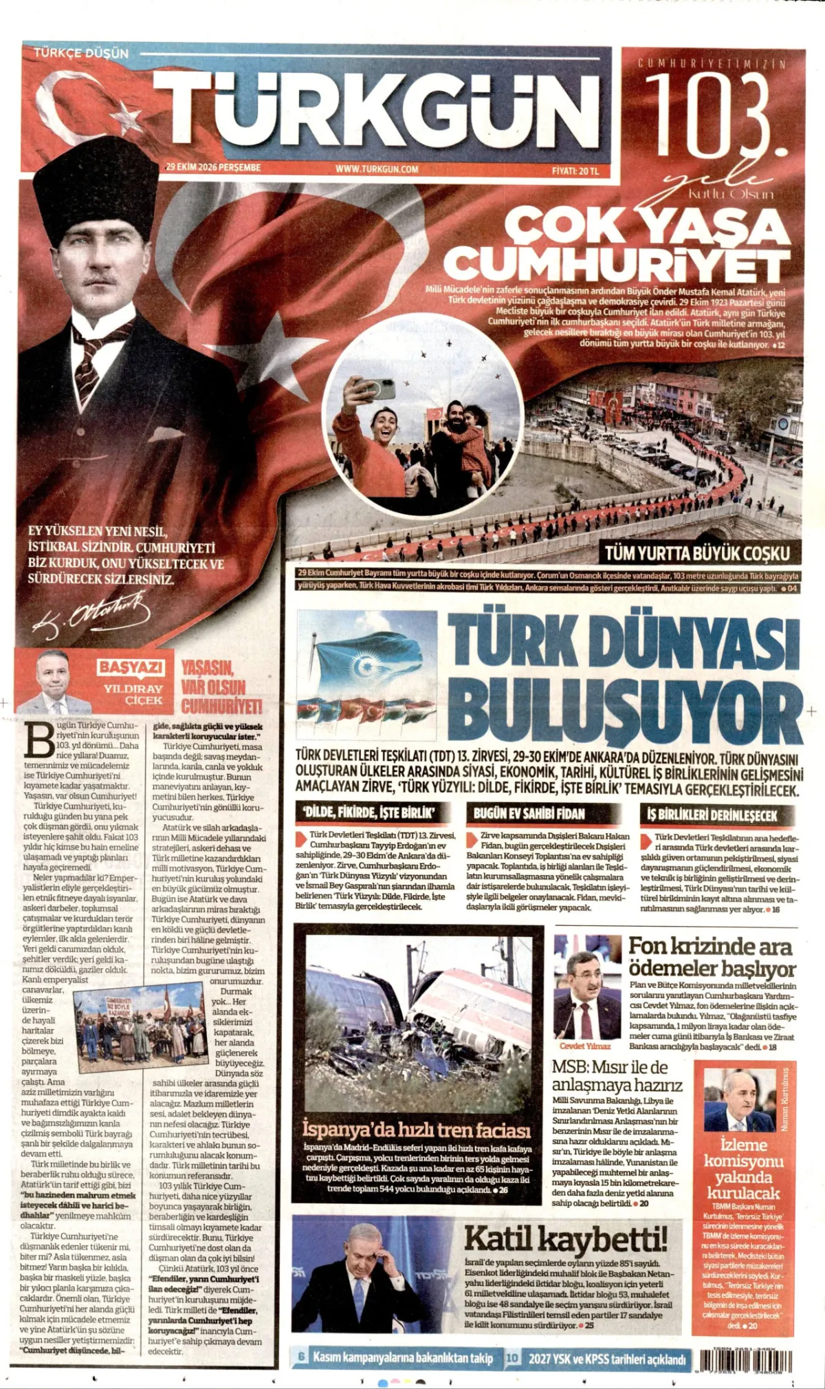 Türkgün birinci sayfa manşeti (30 Ekim 2026)