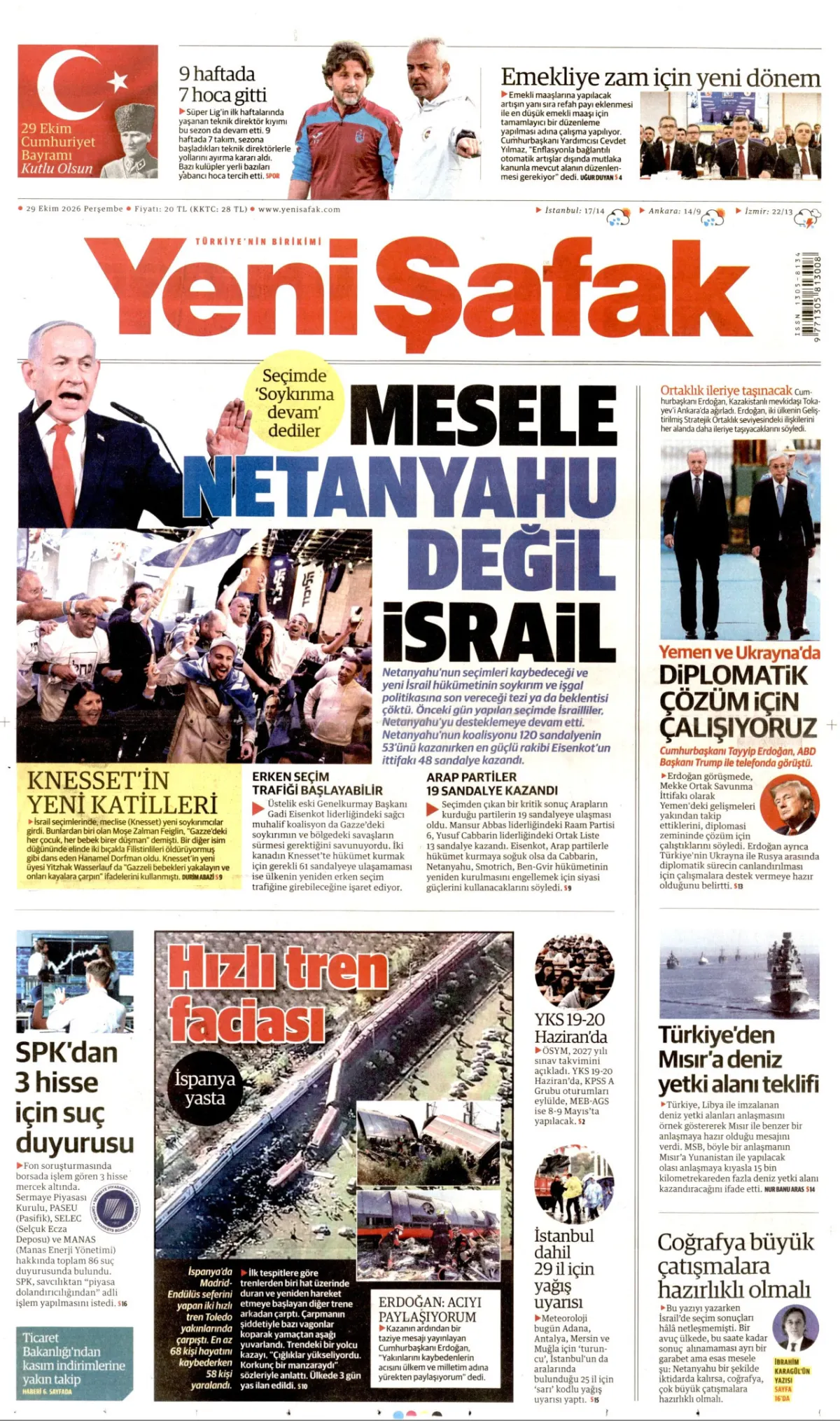 Yeni Şafak birinci sayfa manşeti (30 Ekim 2026)