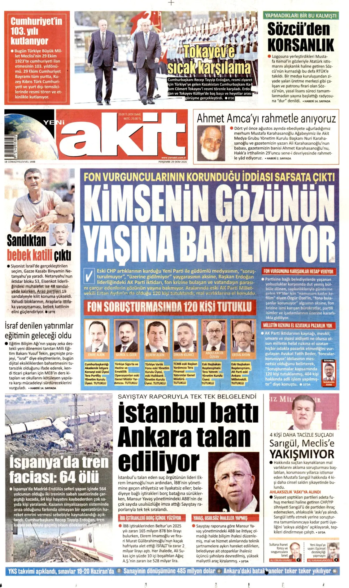 Yeni Akit birinci sayfa manşeti (30 Ekim 2026)