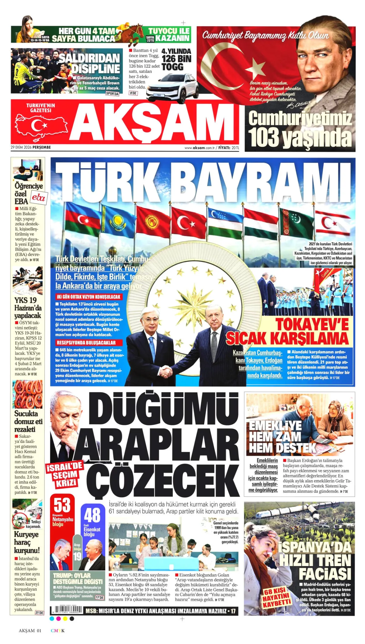 Akşam birinci sayfa manşeti (30 Ekim 2026)