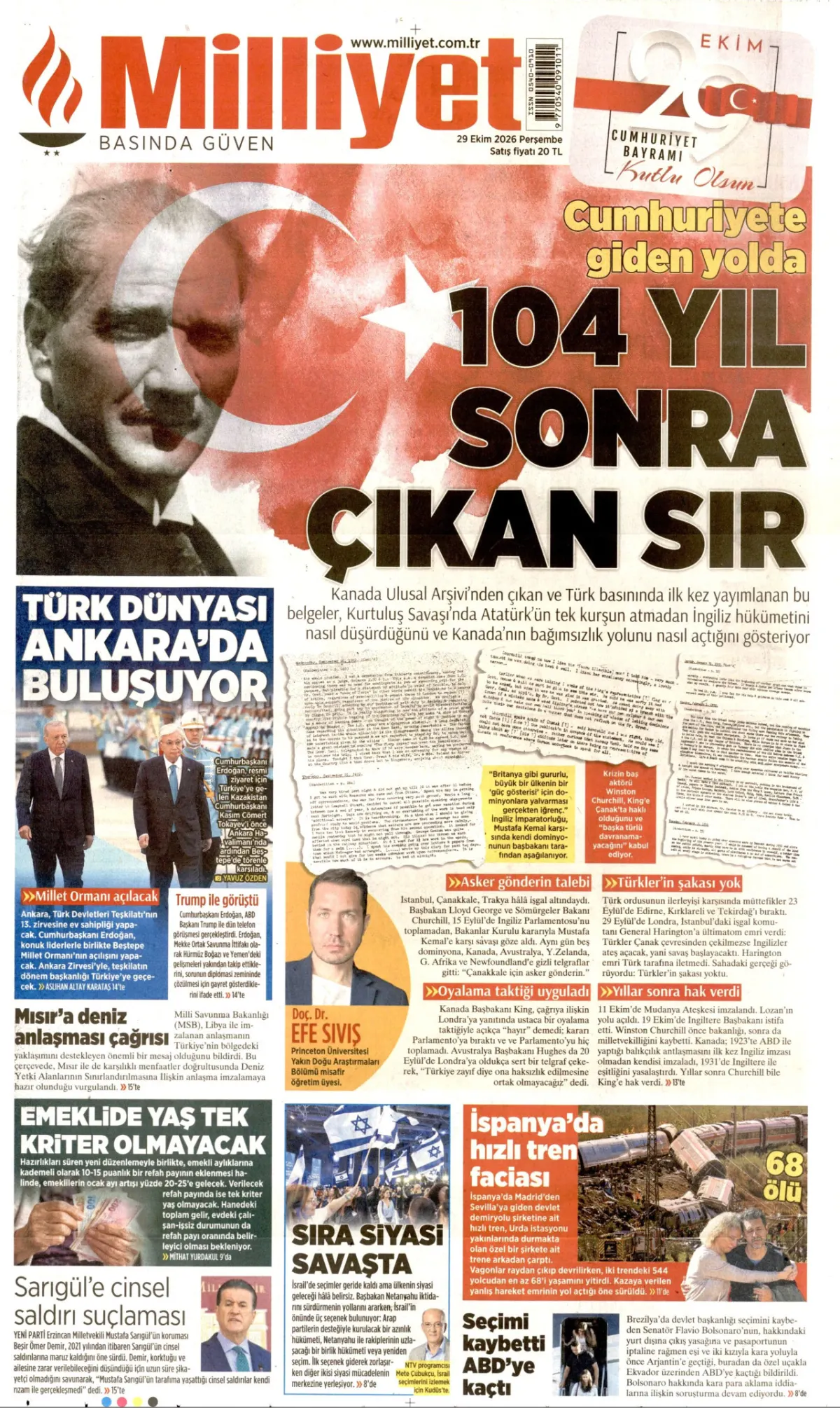 Milliyet birinci sayfa manşeti (30 Ekim 2026)