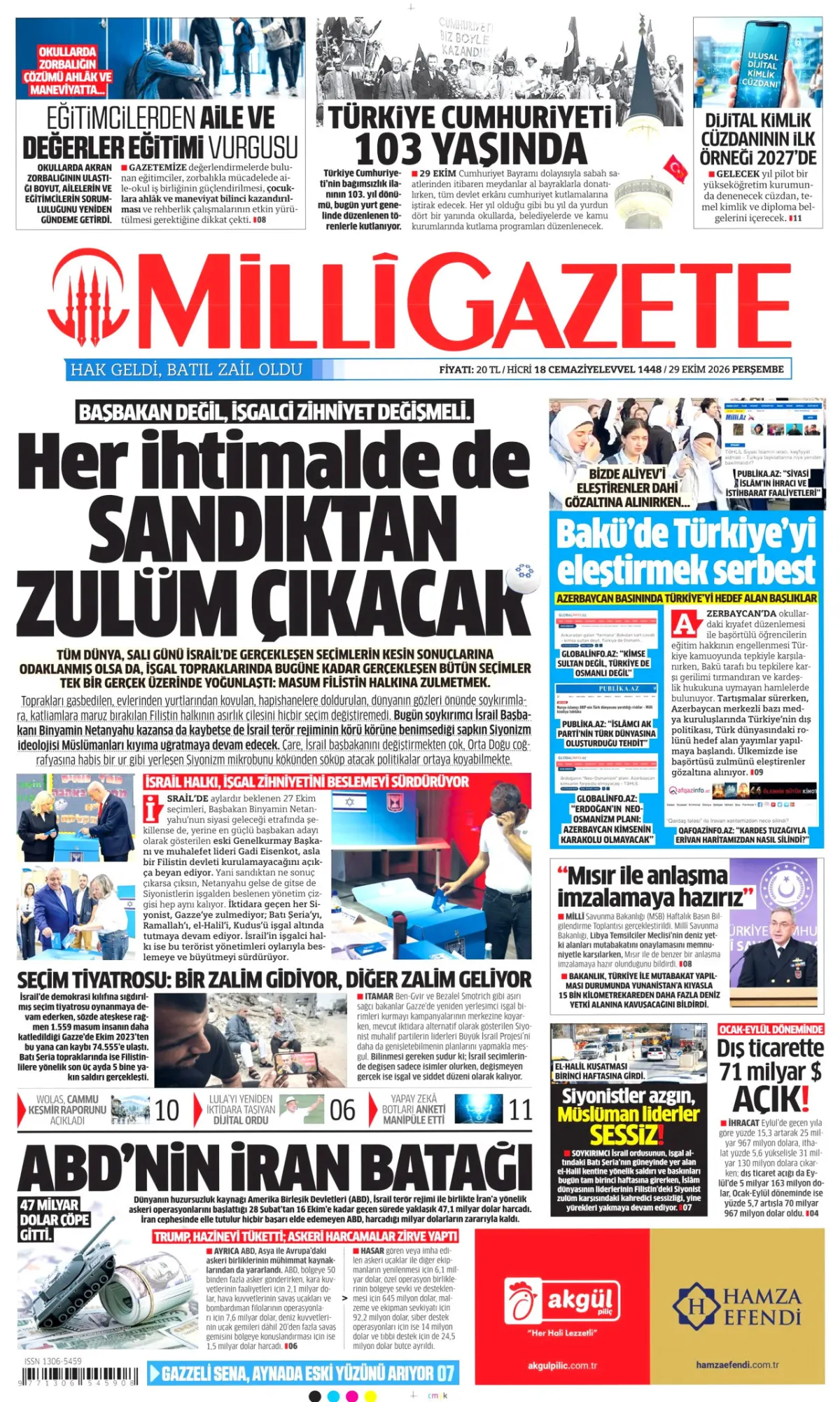 Milli birinci sayfa manşeti (30 Ekim 2026)