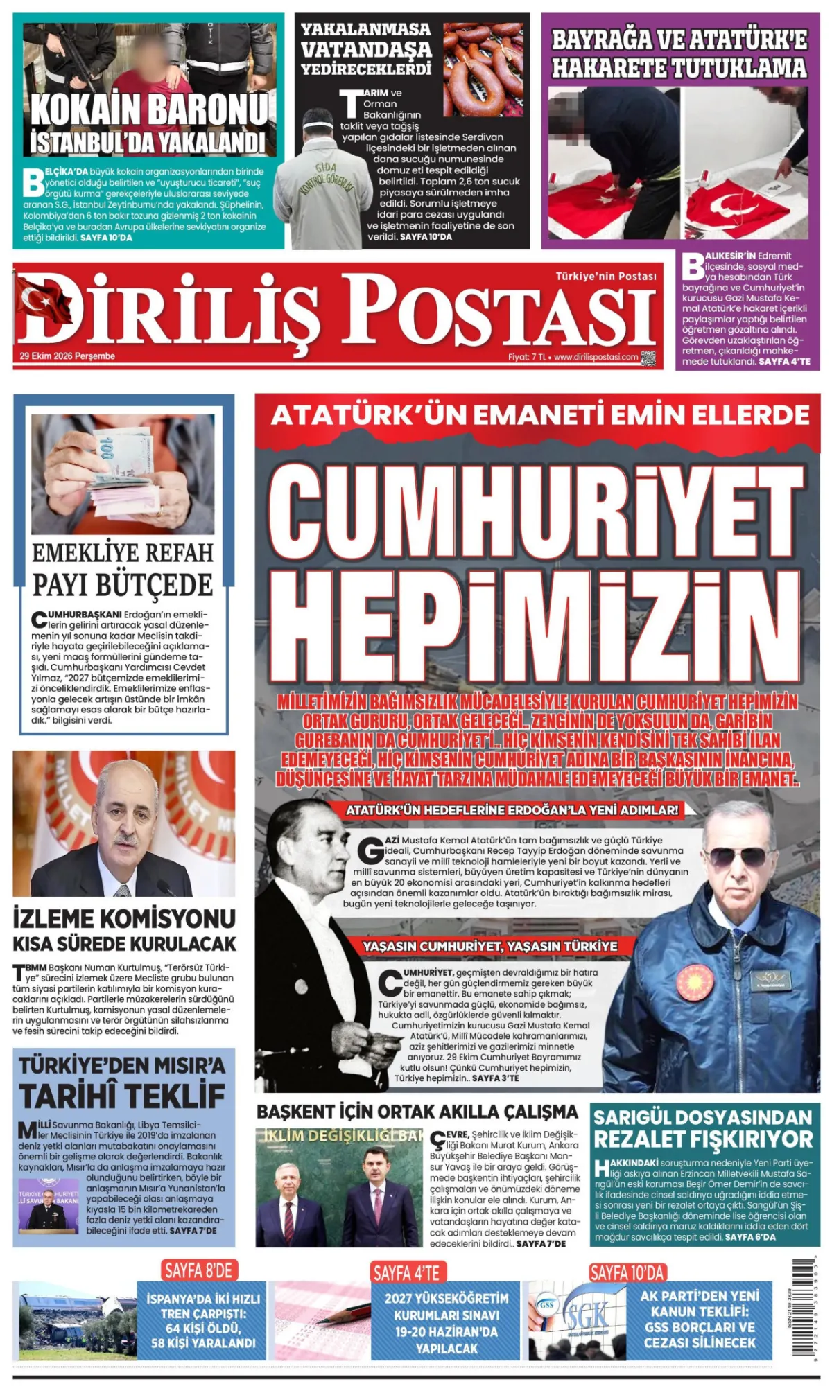Diriliş Postası birinci sayfa manşeti (30 Ekim 2026)