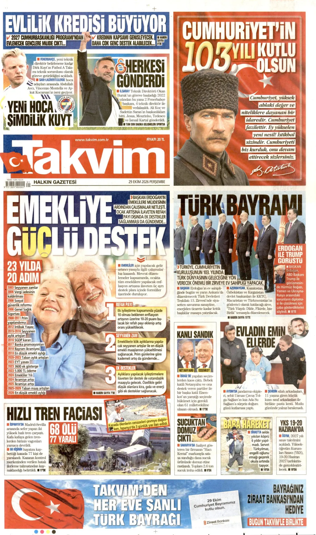Takvim birinci sayfa manşeti (30 Ekim 2026)