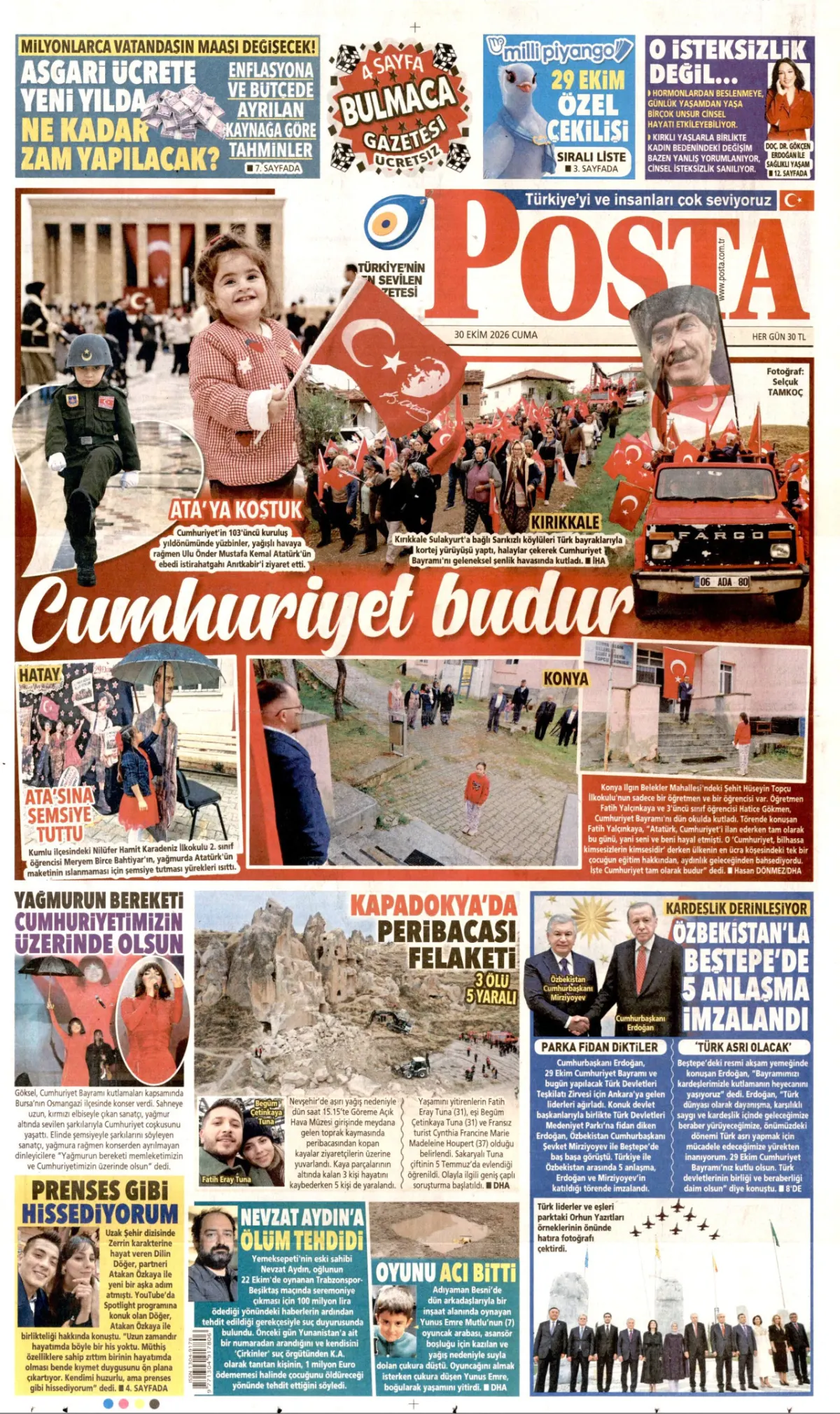 Posta birinci sayfa manşeti (30 Ekim 2026)