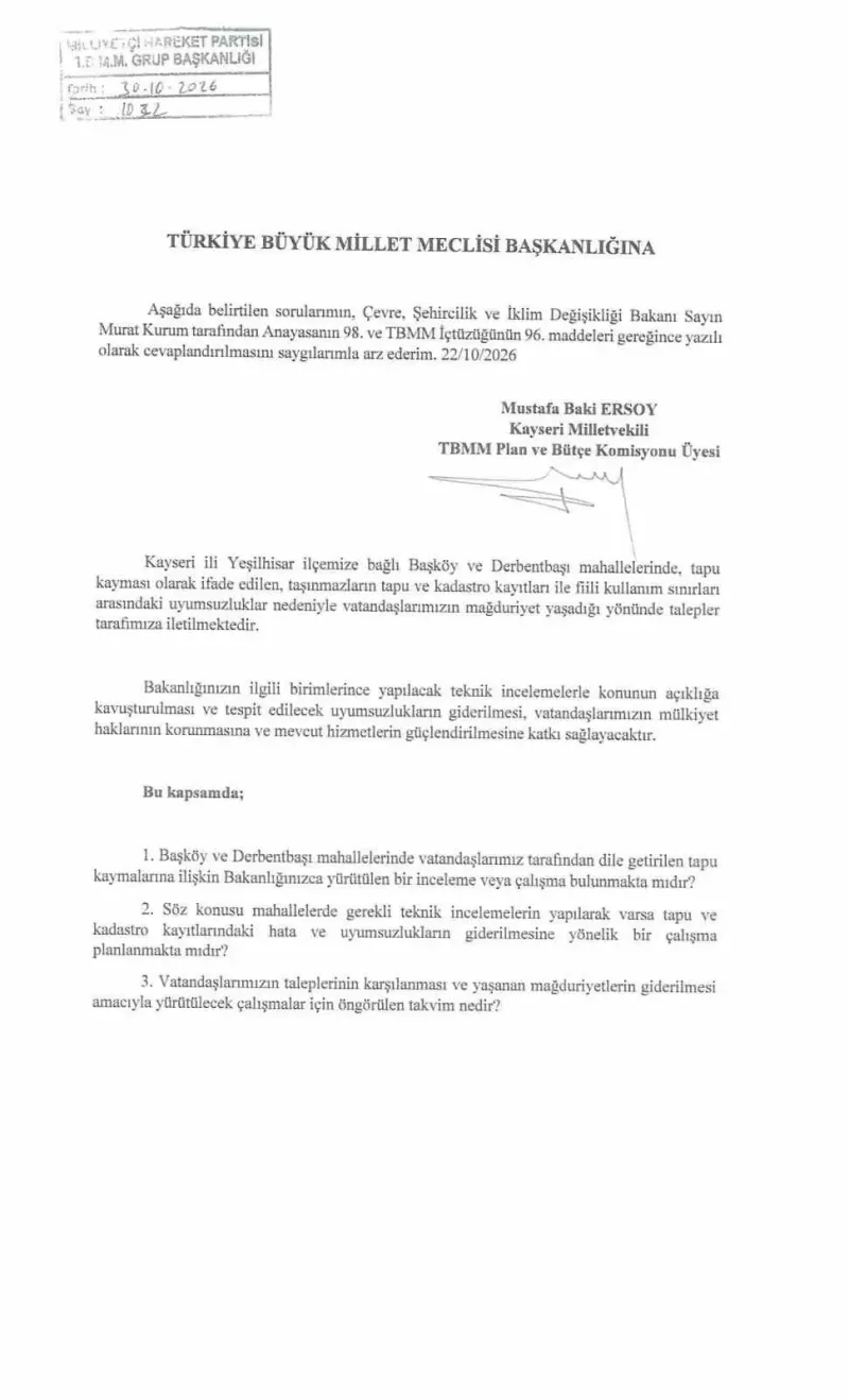 MHP'li Ersoy'dan Yeşilhisar'daki Tapu Kaymaları İçin Meclis Adımı