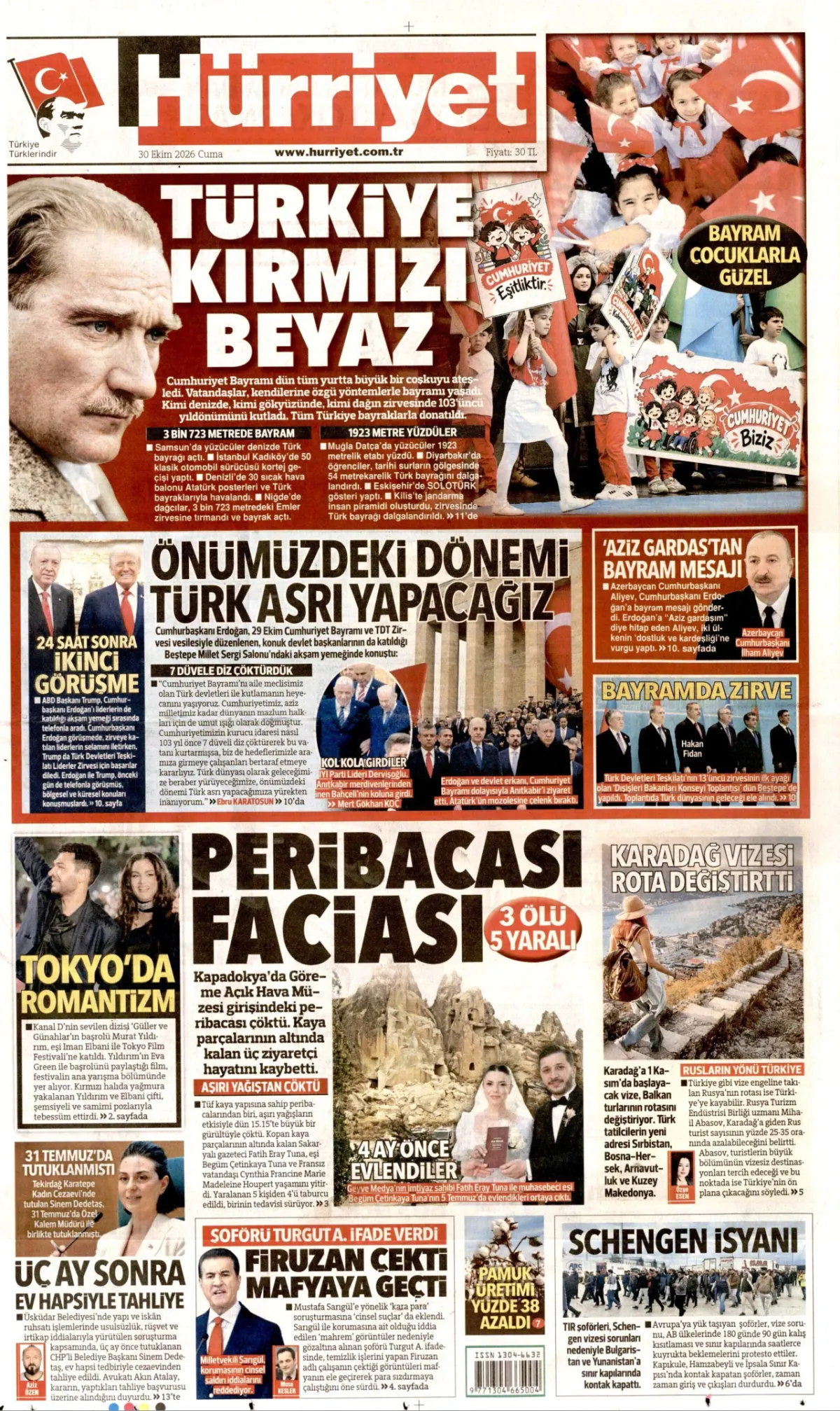 Hürriyet birinci sayfa manşeti (31 Ekim 2026)