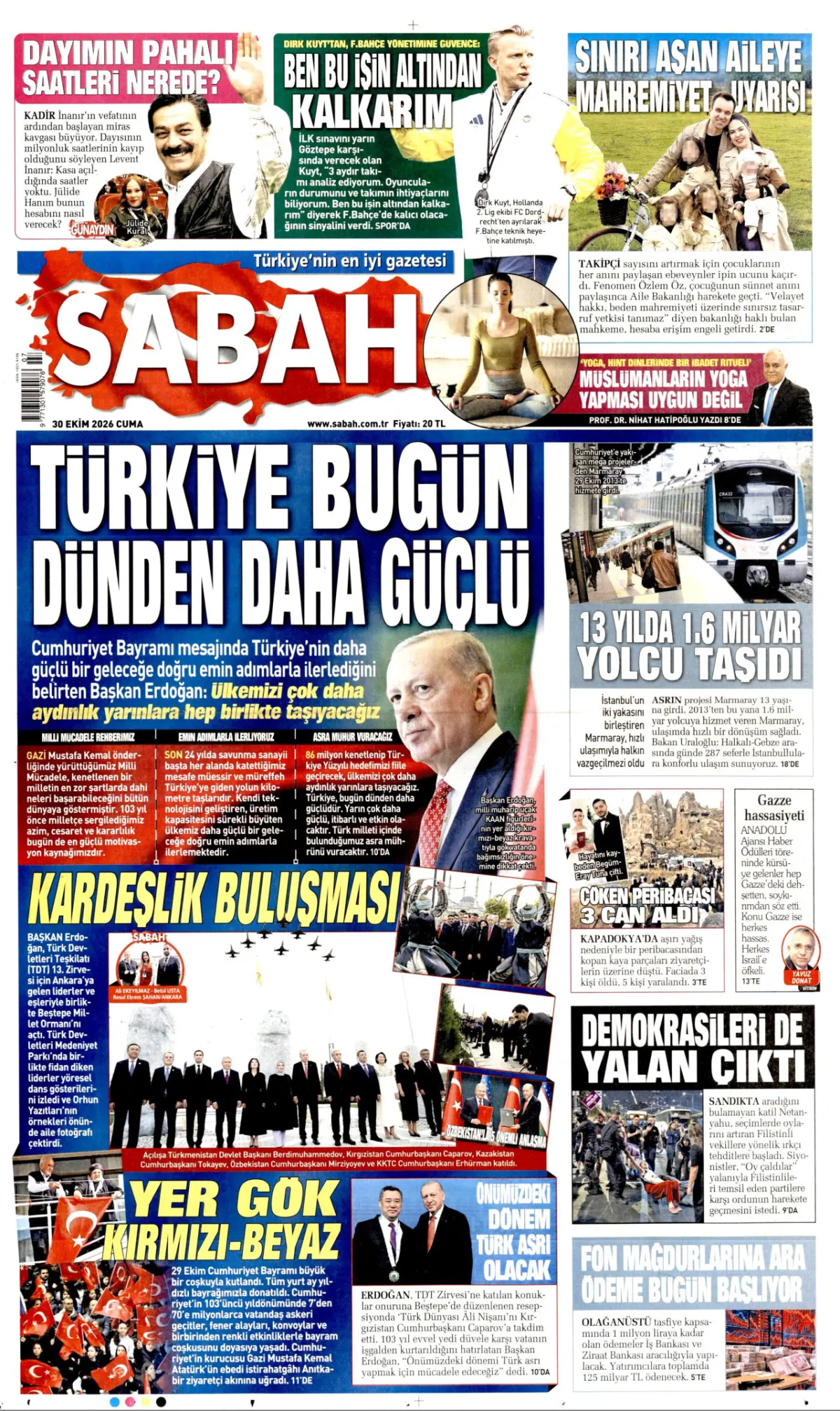 Sabah birinci sayfa manşeti (31 Ekim 2026)