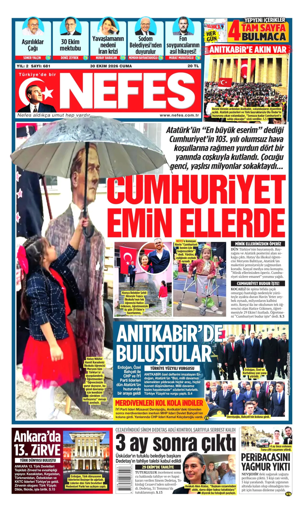 Nefes birinci sayfa manşeti (31 Ekim 2026)