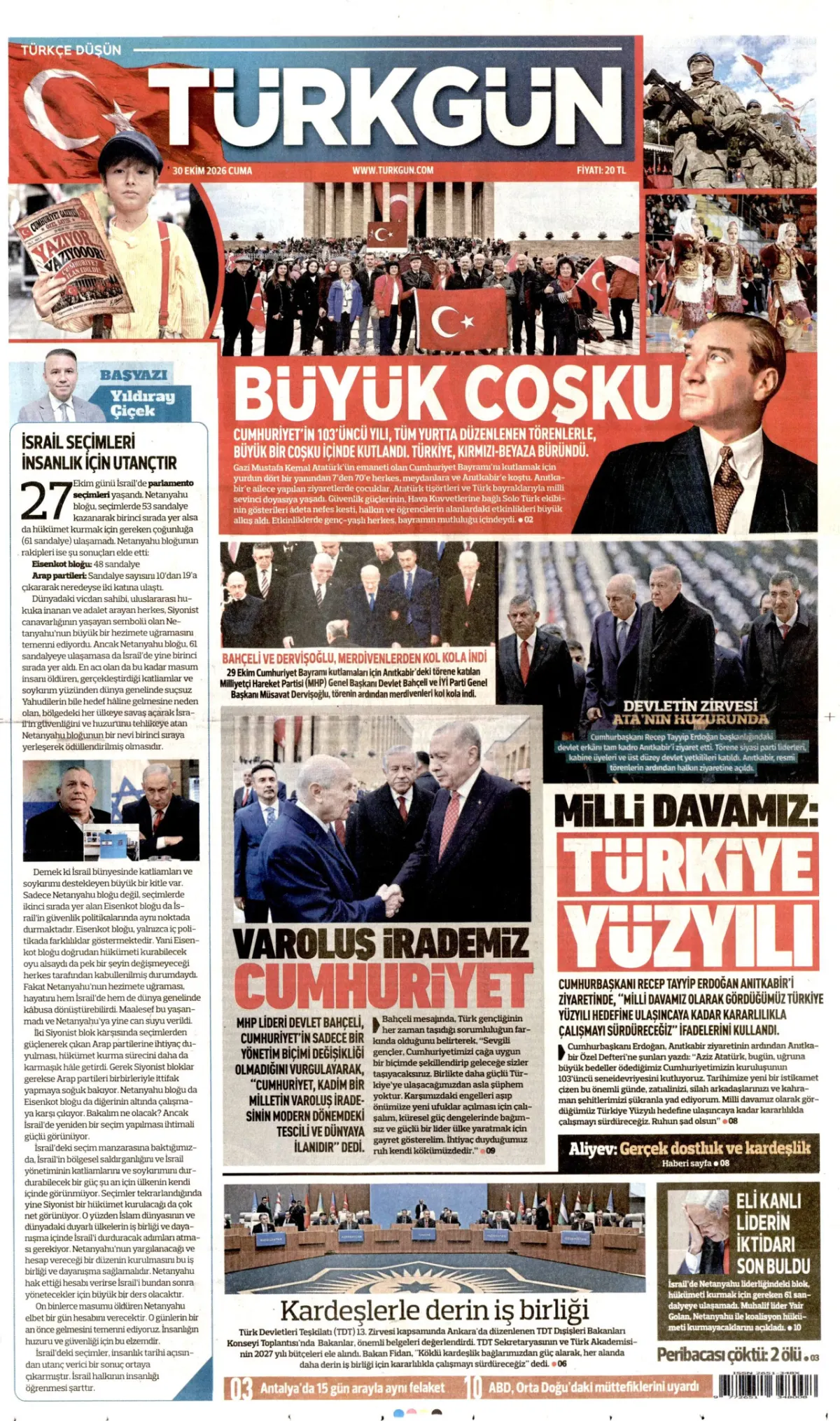 Türkgün birinci sayfa manşeti (31 Ekim 2026)