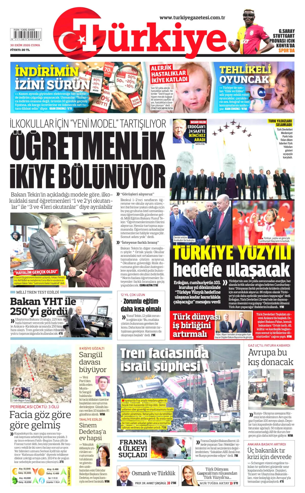 Türkiye birinci sayfa manşeti (31 Ekim 2026)