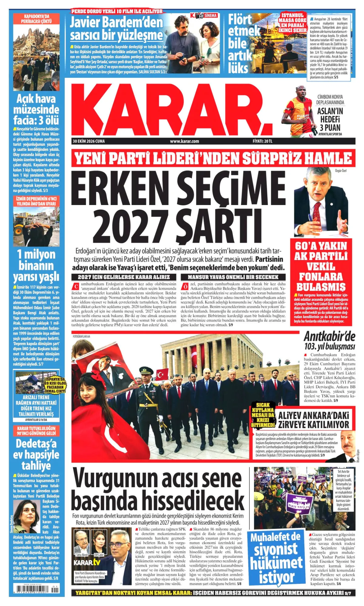 Karar birinci sayfa manşeti (31 Ekim 2026)