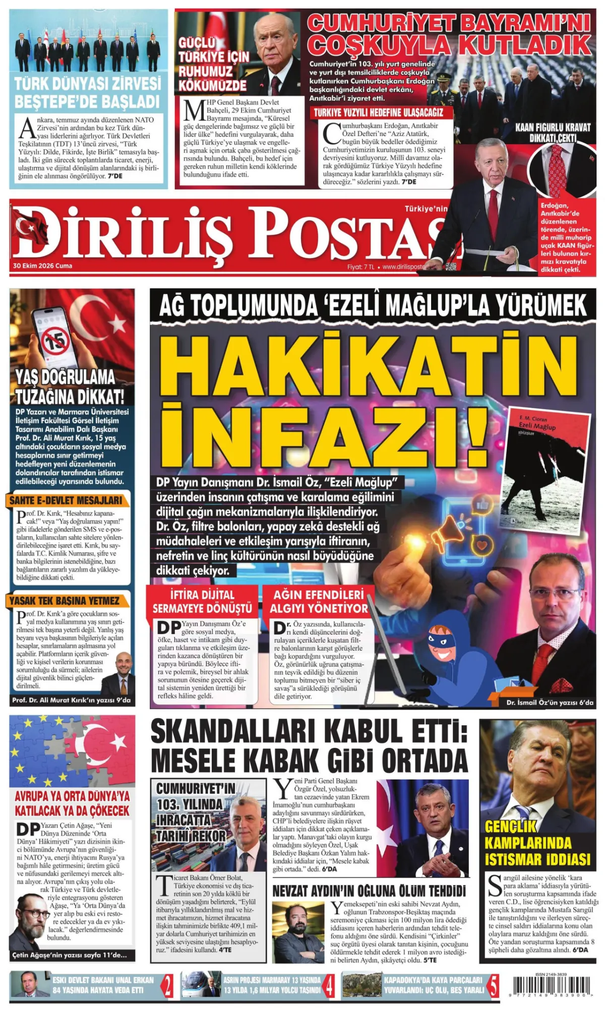 Diriliş Postası birinci sayfa manşeti (31 Ekim 2026)