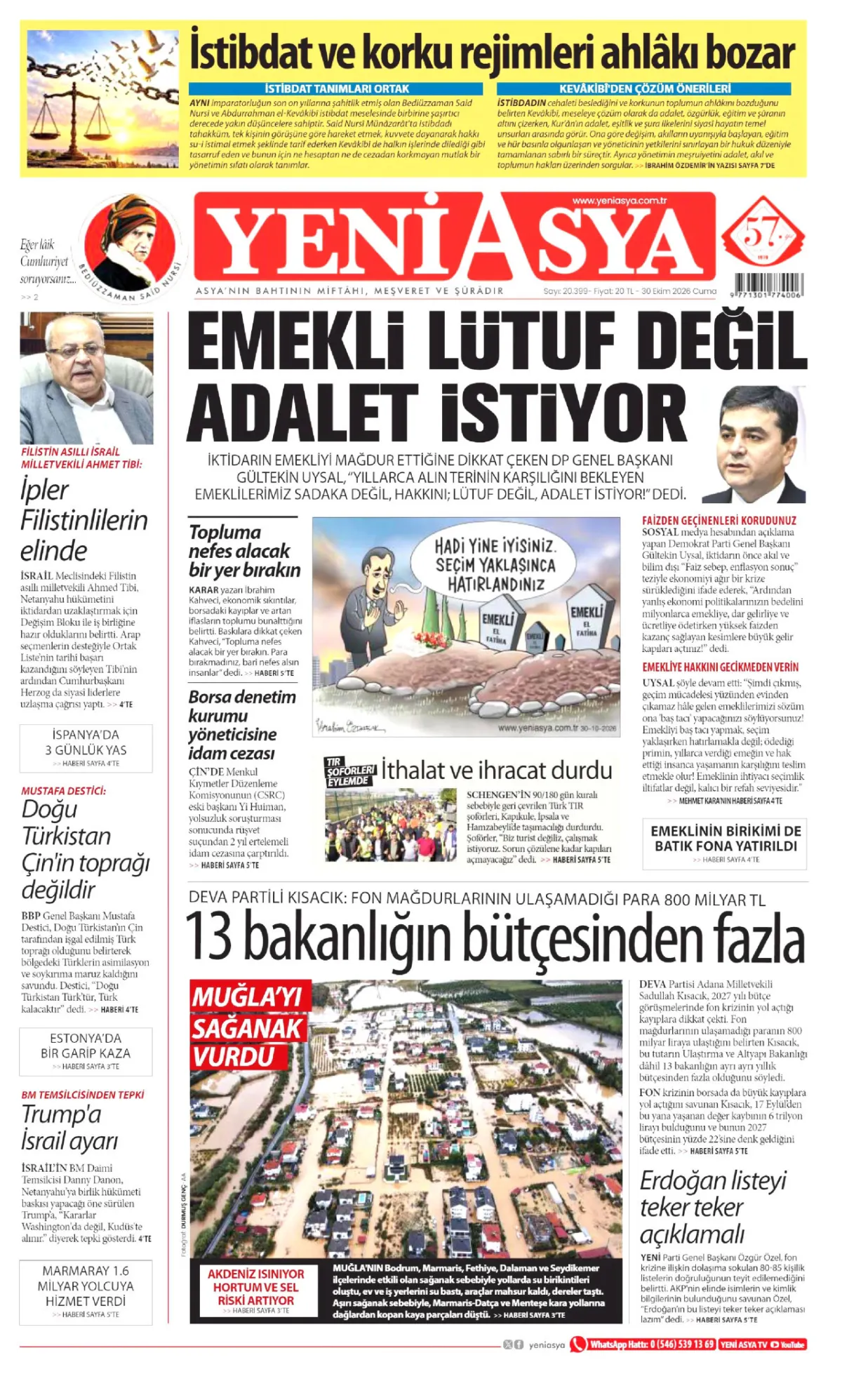 Yeni Asya birinci sayfa manşeti (31 Ekim 2026)
