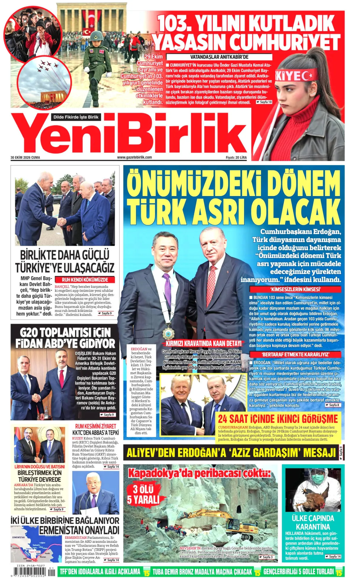 YeniBirlik birinci sayfa manşeti (31 Ekim 2026)