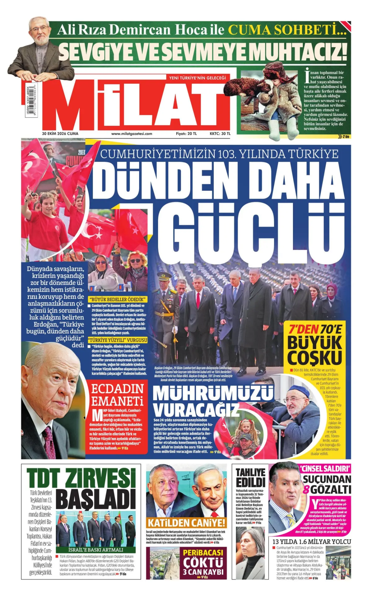 Milat birinci sayfa manşeti (31 Ekim 2026)