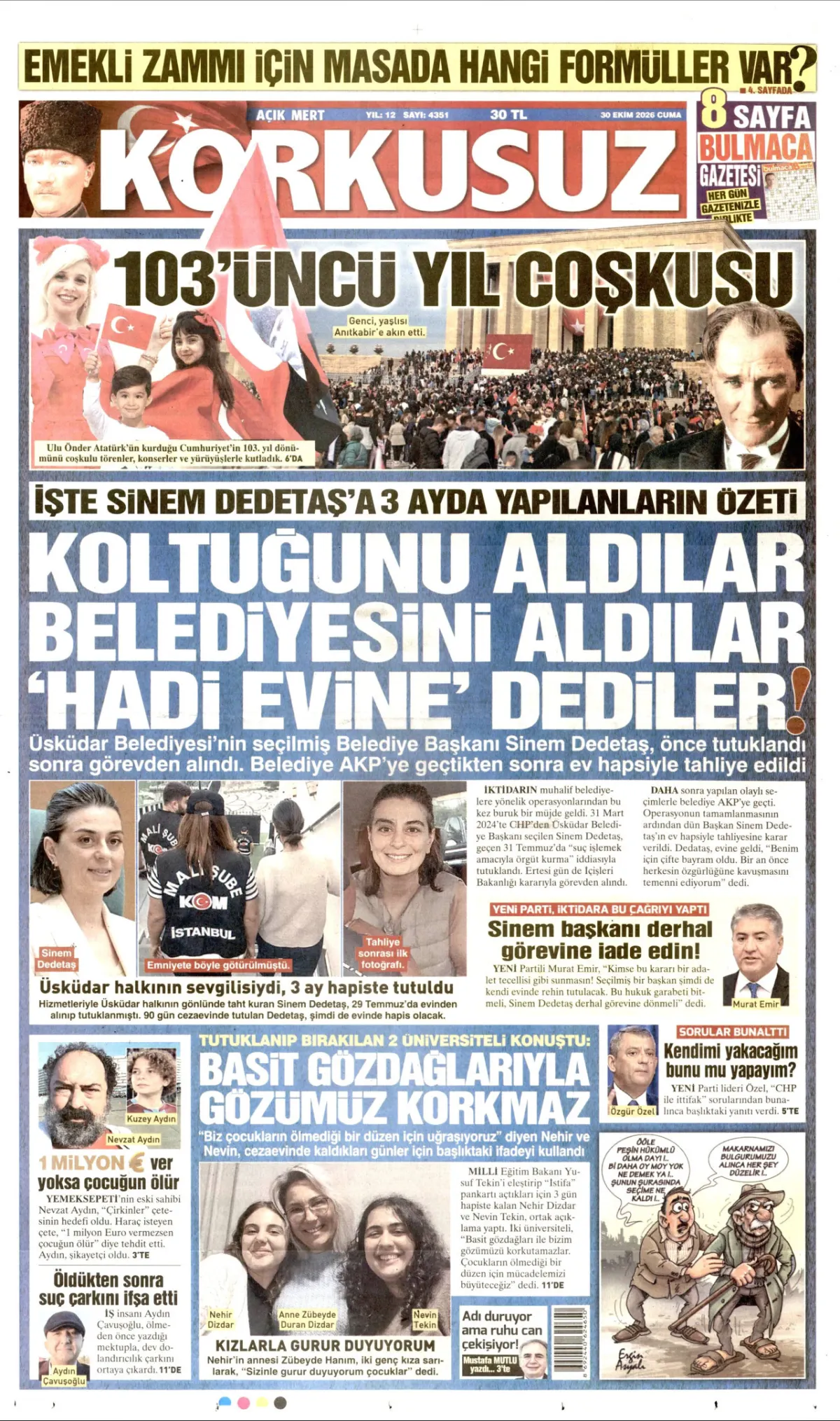 Korkusuz birinci sayfa manşeti (31 Ekim 2026)