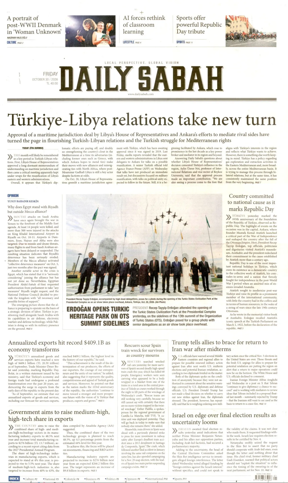 Daily Sabah birinci sayfa manşeti (31 Ekim 2026)