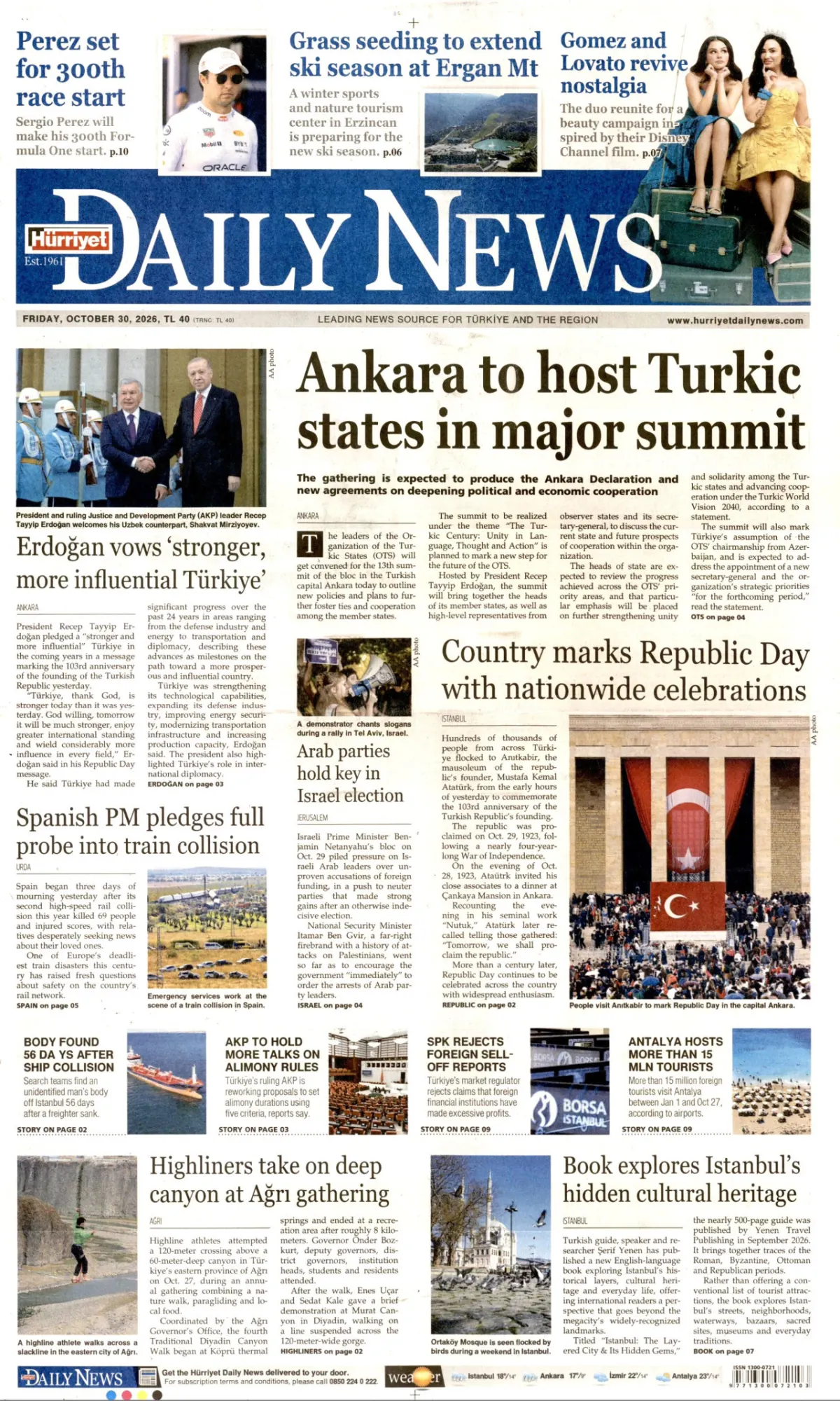 Hürriyet Daily News birinci sayfa manşeti (31 Ekim 2026)