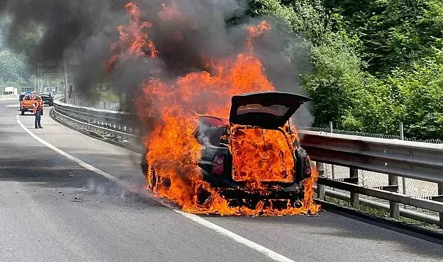 TEM'de alevlere teslim olan otomobil kullanılamaz hale geldi