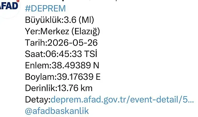 Elazığ'da 3.6 büyüklüğünde deprem