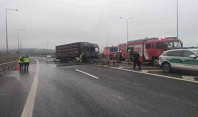 Çekmeköy'de bariyere çarpan tır alev alev yandı