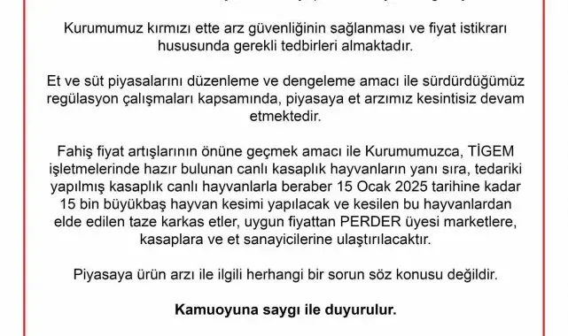 Et ve Süt Kurumu: "15 Ocak 2025 tarihine kadar 15 bin büyükbaş hayvan kesimi yapılacak"