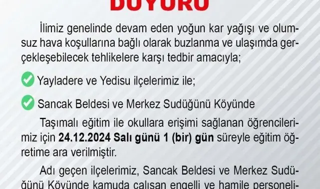 Bingöl'ün iki ilçesinde taşımalı eğitime 1 gün ara