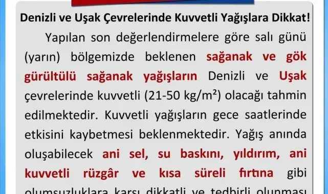 Uşak'a kuvvetli yağış uyarısı