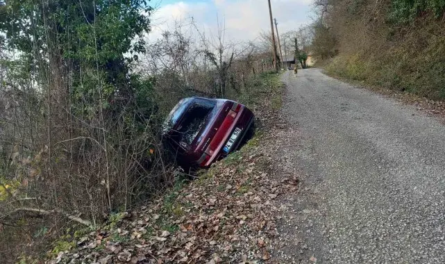 Yoldan çıkan araçtan yara almadan kurtuldu