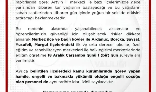 Artvin'de 6 ilçede okullara kar tatili