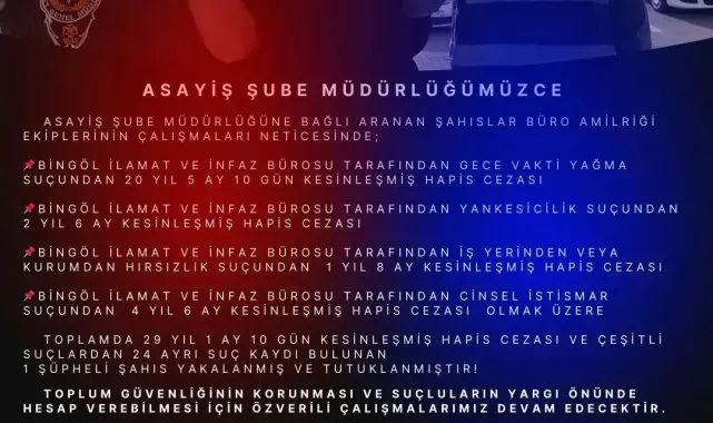 Bingöl'de 29 yıl kesinleşmiş hapis cezası bulunan şahıs yakalandı