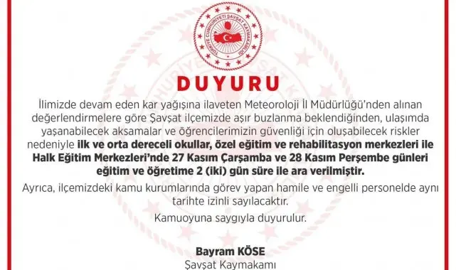 Şavşat'ta eğitime kar tatili: 2 gün ara verildi