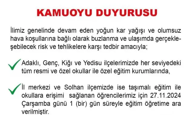 Bingöl'ün 4 ilçesinde okullar yarın tatil edildi