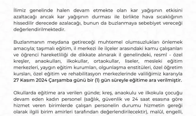 Kayseri'de kar nedeni ile eğitime 1 gün daha ara verildi