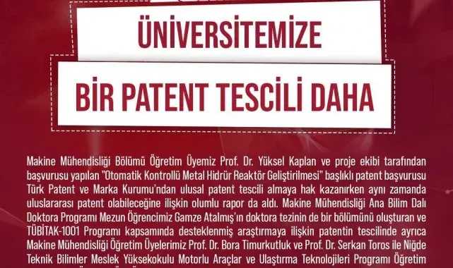 NÖHÜ'ye bir ulusal patent tescili daha