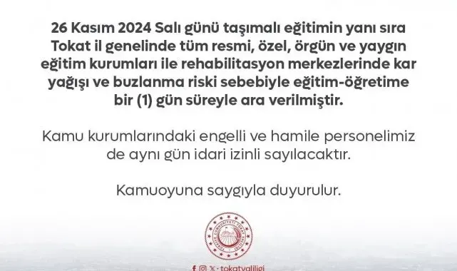 Tokat'ta eğitime bir gün ara