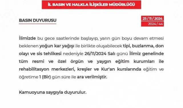 Niğde'de eğitime 1 gün daha ara verildi