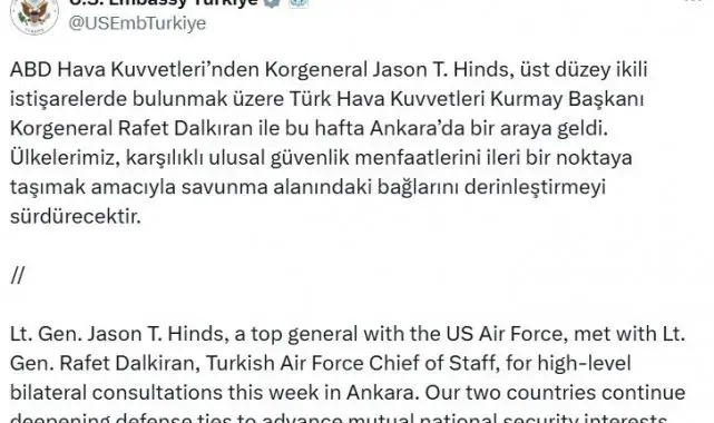 Türk Hava Kuvvetleri Kurmay Başkanı Korgeneral Dalkıran ile ABD'li Korgeneral Hinds bir araya geldi