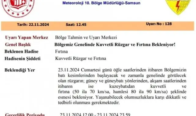 Samsun'da fırtına uyarısı