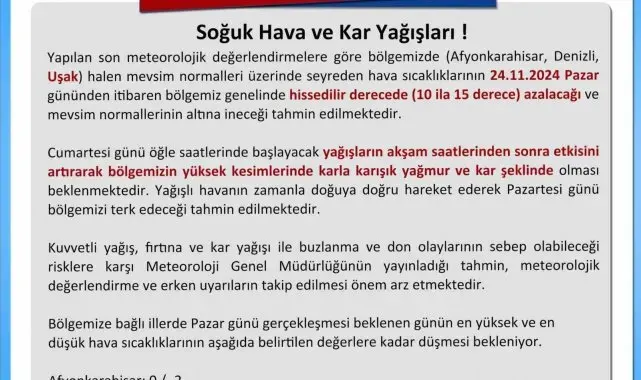 Uşak Valiliğinden soğuk hava ve kar yağışı uyarısı