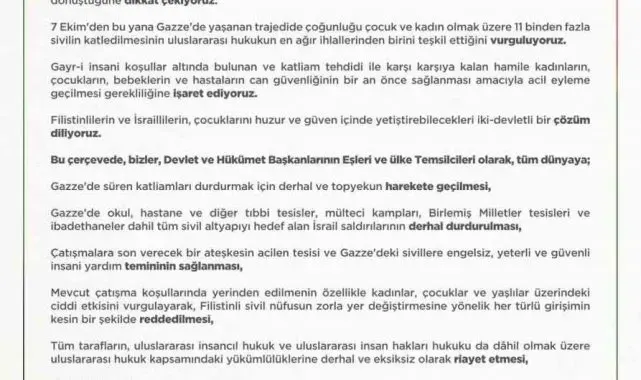 Emine Erdoğan: "İsrail ateşiyle sınanan tüm mazlumların güvene ve hak ettikleri barışa ulaşmaları için kararlılıkla mücadeleye devam edeceğiz"