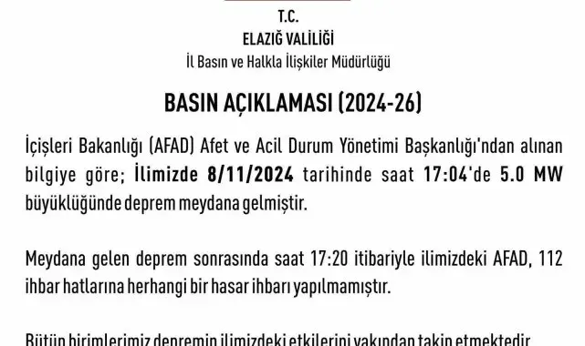 Elazığ Valiliği: "Deprem sonrası herhangi bir hasar ihbarı yapılmamıştır"