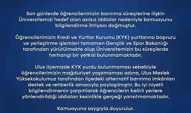 BARÜ'den öğrencilerin barınma konusunda açıklama