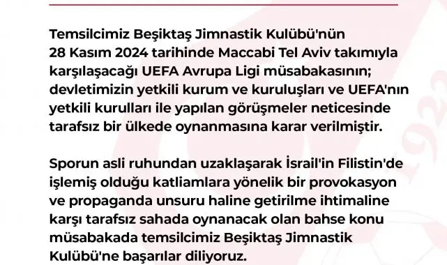 TFF'den Beşiktaş - Maccabi Tel Aviv maçı hakkında açıklama